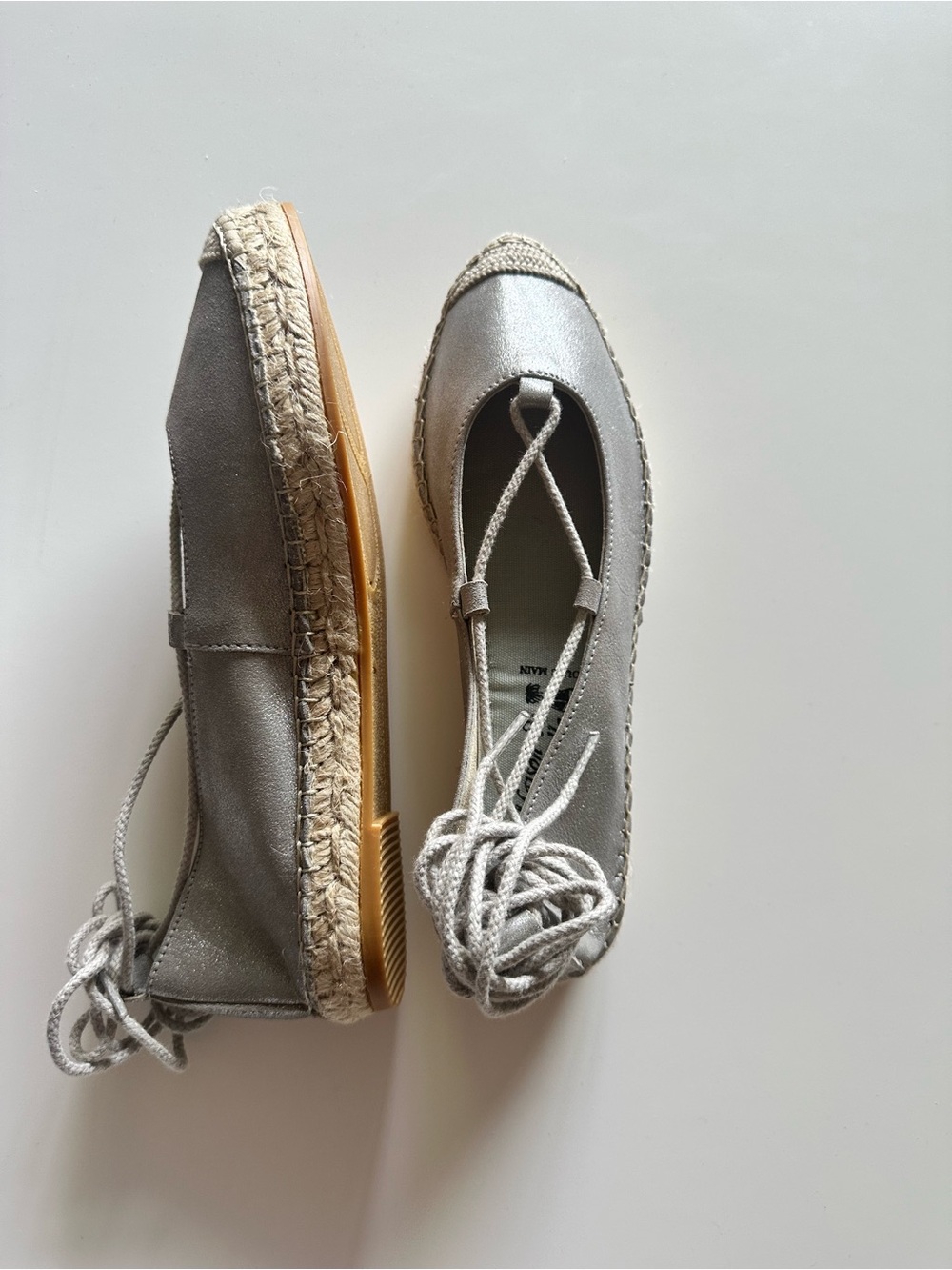 Silver Espadrille Ballet Flats with Wrap Tie